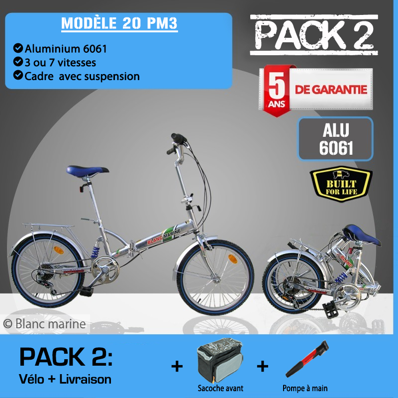 VÉLO PLIANT BLANC MARINE, MODÈLE 20PM3, PACK BASIQUE