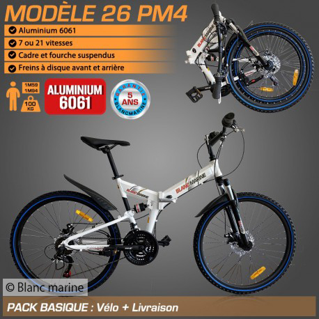 VTT PLIANT BLANC MARINE MODÈLE 26PM4, 7 OU 21 VITESSES