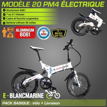 VÉLO PLIANT ÉLECTRIQUE BLANC MARINE MODÈLE 20PM4, AVEC OU SANS PORTE BAGAGE