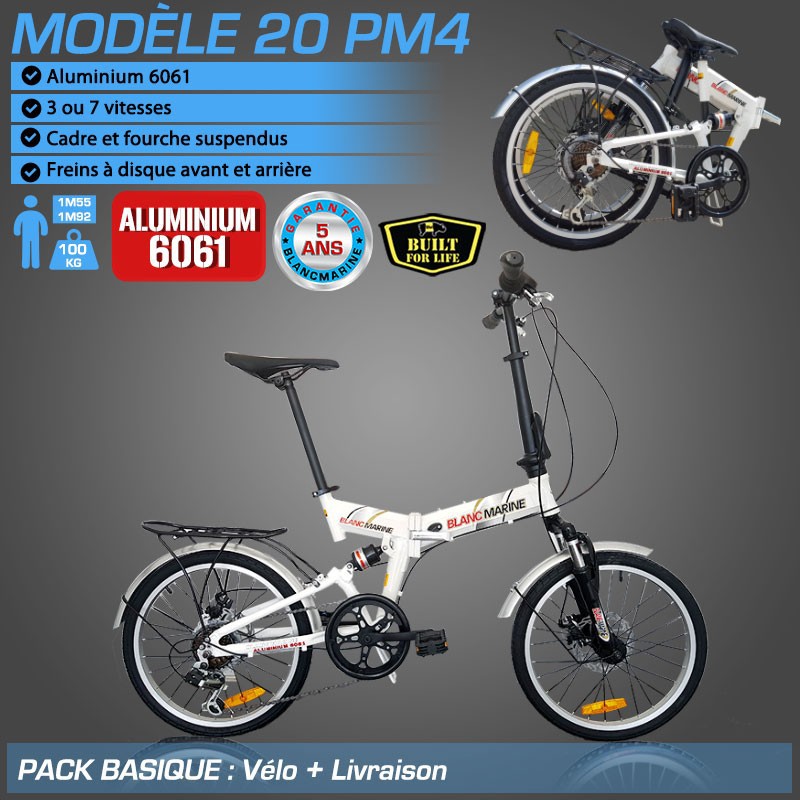 Vélo Pliant Blanc Marine 20PM4 - Blanc, 7 Vitesses, Freins Disque, Sacoche Et Pompe Incluses